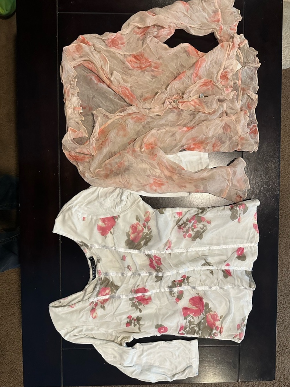 Floral White Button-Front Blouse with Sheer Pink Floral Scarf